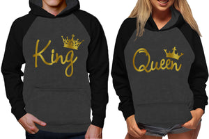 King and Queen raglan hoodies, Matching couple hoodies, Gold Foil King Queen design on man and woman hoodies