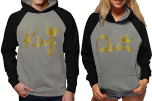 King and Queen raglan hoodies, Matching couple hoodies, Gold Foil King Queen design on man and woman hoodies
