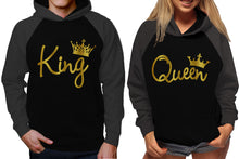 將圖片載入圖庫檢視器 King and Queen raglan hoodies, Matching couple hoodies, Gold Foil King Queen design on man and woman hoodies
