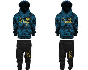 King and Queen matching top and bottom set, Gold Foil design tie dye hoodie and jogger pants set for mens, tie dye hoodie and jogger set womens. Matching couple joggers.