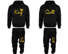 Cargar imagen en el visor de la galería, King and Queen matching top and bottom set, Gold Glitter hoodie and sweatpants sets for mens hoodie and jogger set womens. Matching couple joggers.
