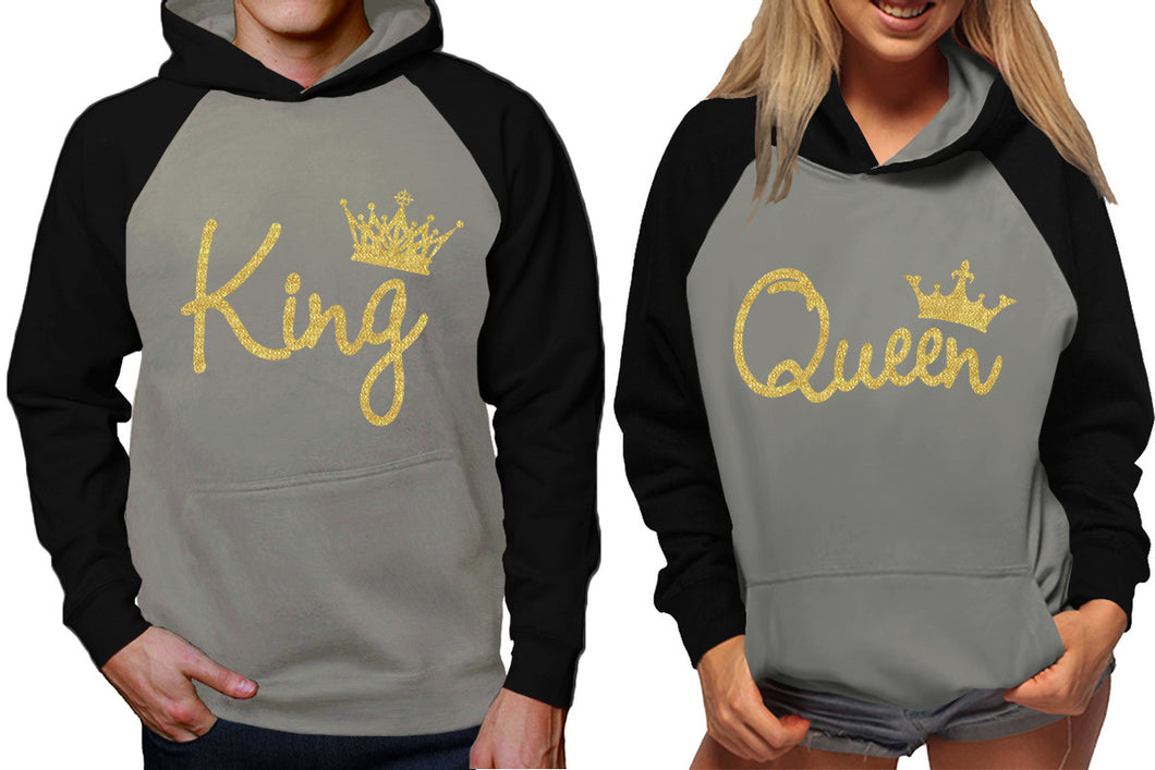 King and Queen raglan hoodies, Matching couple hoodies, Gold Glitter King Queen design on man and woman hoodies