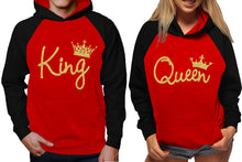 Load image into Gallery viewer, King and Queen raglan hoodies, Matching couple hoodies, Gold Glitter King Queen design on man and woman hoodies

