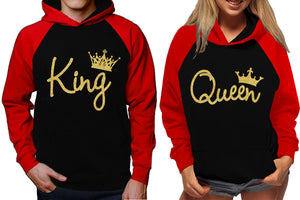 King and Queen raglan hoodies, Matching couple hoodies, Gold Glitter King Queen design on man and woman hoodies