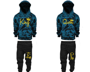 King and Queen matching top and bottom set, Gold Glitter design tie dye hoodie and jogger pants set for mens, tie dye hoodie and jogger set womens. Matching couple joggers.