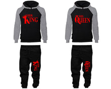 Load image into Gallery viewer, Her King and His Queen matching top and bottom set, Grey Black raglan hoodie and sweatpants sets for mens, raglan hoodie and jogger set womens. Matching couple joggers.
