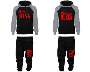 Her King and His Queen matching top and bottom set, Grey Black raglan hoodie and sweatpants sets for mens, raglan hoodie and jogger set womens. Matching couple joggers.