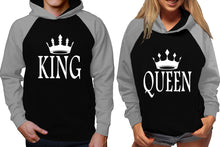 Load image into Gallery viewer, King and Queen raglan hoodies, Matching couple hoodies, Grey Black his and hers man and woman contrast raglan hoodies
