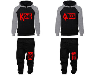 King and Queen matching top and bottom set, Grey Black raglan hoodie and sweatpants sets for mens, raglan hoodie and jogger set womens. Matching couple joggers.