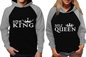Her King and His Queen raglan hoodies, Matching couple hoodies, Grey Black his and hers man and woman contrast raglan hoodies