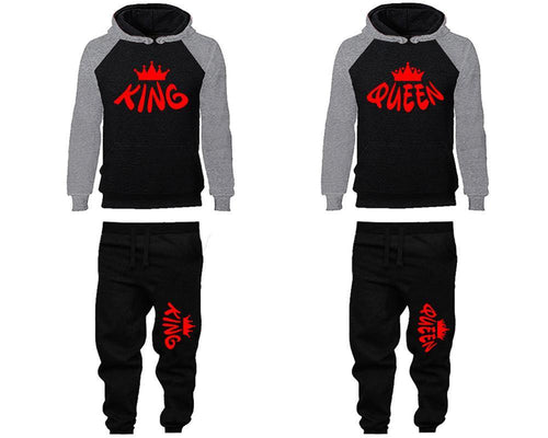 King and Queen matching top and bottom set, Grey Black raglan hoodie and sweatpants sets for mens, raglan hoodie and jogger set womens. Matching couple joggers.