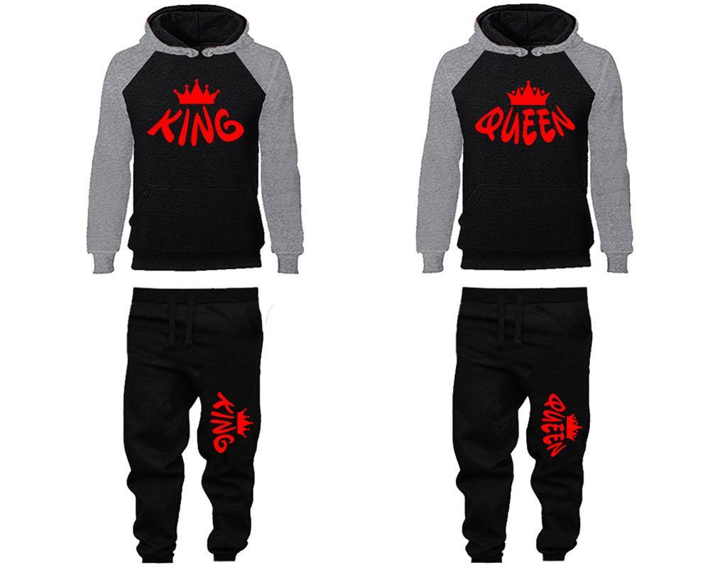 King and Queen matching top and bottom set, Grey Black raglan hoodie and sweatpants sets for mens, raglan hoodie and jogger set womens. Matching couple joggers.