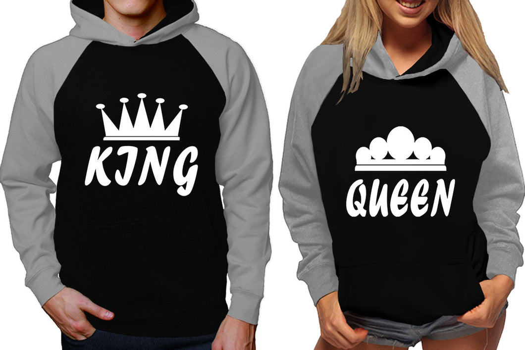 King and Queen raglan hoodies, Matching couple hoodies, Grey Black his and hers man and woman contrast raglan hoodies