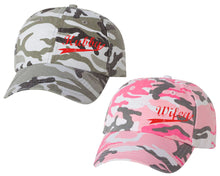 Load image into Gallery viewer, Hubby and Wifey matching caps for couples, Grey Camo Man Pink Camo Woman baseball caps.Red color Vinyl Design
