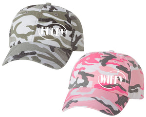 Hubby and Wifey matching caps for couples, Pink Camo Woman (Grey Camo Man) baseball caps.