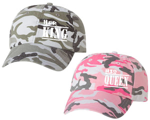 Her King and His Queen matching caps for couples, Pink Camo Woman (Grey Camo Man) baseball caps.