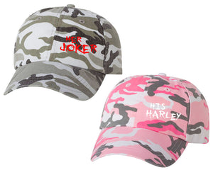 Her Joker and His Harley matching caps for couples, Grey Camo Man Pink Camo Woman baseball caps.