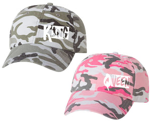 King and Queen matching caps for couples, Pink Camo Woman (Grey Camo Man) baseball caps.