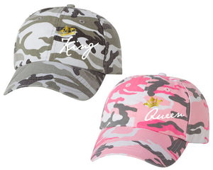 King and Queen matching caps for couples, Grey Camo Man Pink Camo Woman baseball caps.