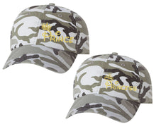 Load image into Gallery viewer, Prince and Princess matching caps for couples, Grey Camo baseball caps.Gold Foil color Vinyl Design
