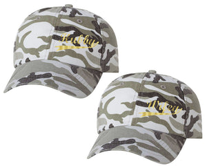 Hubby and Wifey matching caps for couples, Grey Camo baseball caps.Gold Foil color Vinyl Design