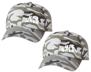 Her Jack and His Sally matching caps for couples, Grey Camo baseball caps.