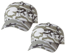 Load image into Gallery viewer, King and Queen matching caps for couples, Grey Camo baseball caps.Silver Foil color Vinyl Design
