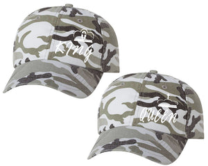 King and Queen matching caps for couples, Grey Camo baseball caps.