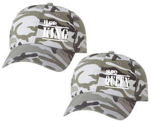 Her King and His Queen matching caps for couples, Grey Camo baseball caps.