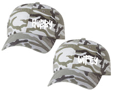 Load image into Gallery viewer, Hubby and Wifey matching caps for couples, Grey Camo baseball caps.
