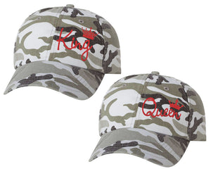 King and Queen matching caps for couples, Grey Camo baseball caps.Red Glitter color Vinyl Design