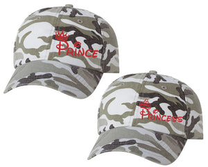 Prince and Princess matching caps for couples, Grey Camo baseball caps.Red Glitter color Vinyl Design