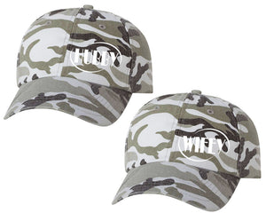 Hubby and Wifey matching caps for couples, Grey Camo baseball caps.