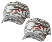 Load image into Gallery viewer, Hubby and Wifey matching caps for couples, Grey Camo baseball caps.Red Glitter color Vinyl Design
