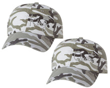 Load image into Gallery viewer, King and Queen matching caps for couples, Grey Camo baseball caps.Silver Glitter color Vinyl Design
