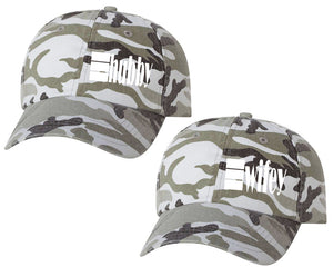 Hubby and Wifey matching caps for couples, Grey Camo baseball caps.