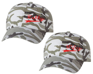 Hubby and Wifey matching caps for couples, Grey Camo baseball caps.Red color Vinyl Design