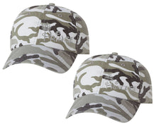 Load image into Gallery viewer, Prince and Princess matching caps for couples, Grey Camo baseball caps.Silver Foil color Vinyl Design
