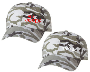 Her Joker and His Harley matching caps for couples, Grey Camo baseball caps.