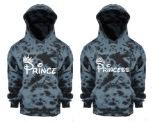 Cargar imagen en el visor de la galería, Prince and Princess Tie Die couple hoodies, Matching couple hoodies, Grey Cloud tie dye hoodies.
