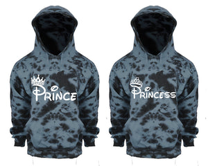 Prince and Princess Tie Die couple hoodies, Matching couple hoodies, Grey Cloud tie dye hoodies.