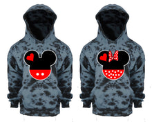 Cargar imagen en el visor de la galería, Mickey and Minnie Tie Die couple hoodies, Matching couple hoodies, Grey Cloud tie dye hoodies.
