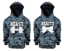 Görseli Galeri görüntüleyiciye yükleyin, Beast and Beauty Tie Die couple hoodies, Matching couple hoodies, Grey Cloud tie dye hoodies.
