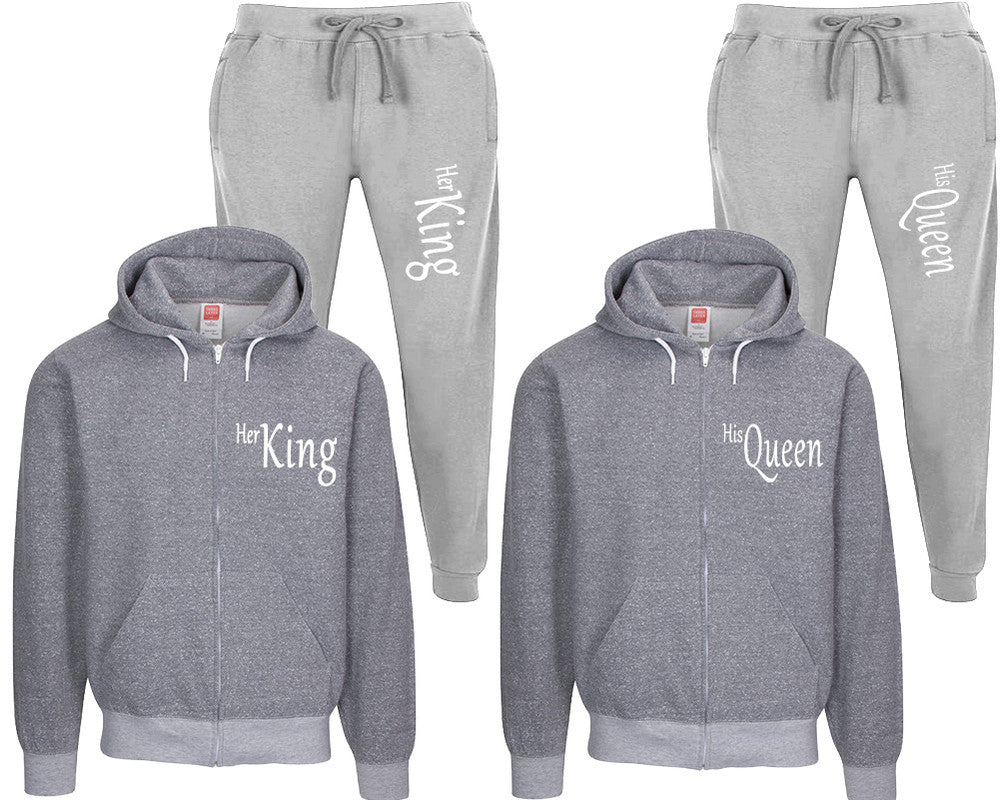 Her King and His Queen speckle zipper hoodies, Matching couple hoodies, Grey zip up hoodie for man, Grey zip up hoodie womens, Grey jogger pants for man and woman.