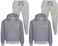 Load image into Gallery viewer, King and Queen speckle zipper hoodies, Matching couple hoodies, Grey zip up hoodie for man, Grey zip up hoodie womens, Grey jogger pants for man and woman.
