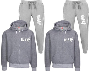 Hubby and Wifey speckle zipper hoodies, Matching couple hoodies, Grey zip up hoodie for man, Grey zip up hoodie womens, Grey jogger pants for man and woman.