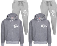 Charger l&#39;image dans la galerie, Her King and His Queen speckle zipper hoodies, Matching couple hoodies, Grey zip up hoodie for man, Grey zip up hoodie womens, Grey jogger pants for man and woman.
