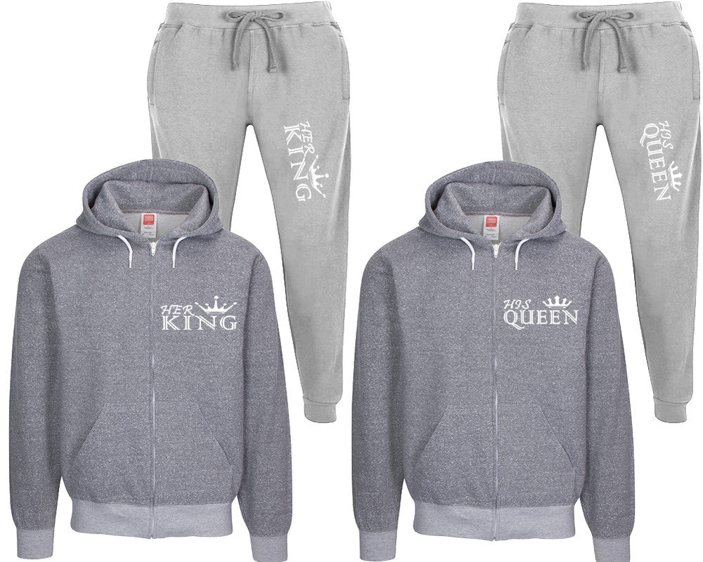 Her King and His Queen speckle zipper hoodies, Matching couple hoodies, Grey zip up hoodie for man, Grey zip up hoodie womens, Grey jogger pants for man and woman.