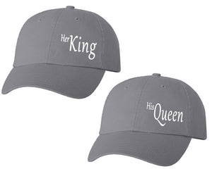 Her King and His Queen matching caps for couples, Grey baseball caps.