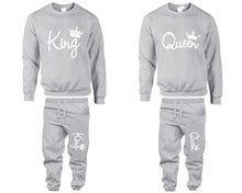 Load image into Gallery viewer, King Queen top and bottom sets. Grey sweatshirt and sweatpants set for men, sweater and jogger pants for women.
